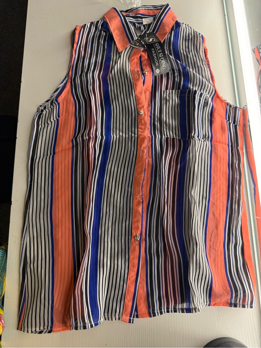 Fashion Nova Orange, Blue & Black Striped Sleeveless High-Low Shirt Dress
